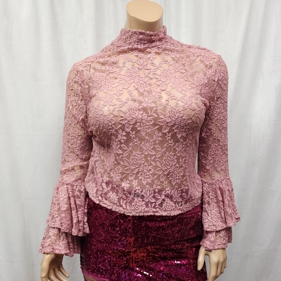 Lace Mock Neck Bell Sleeve Top - Picture 3 of 4